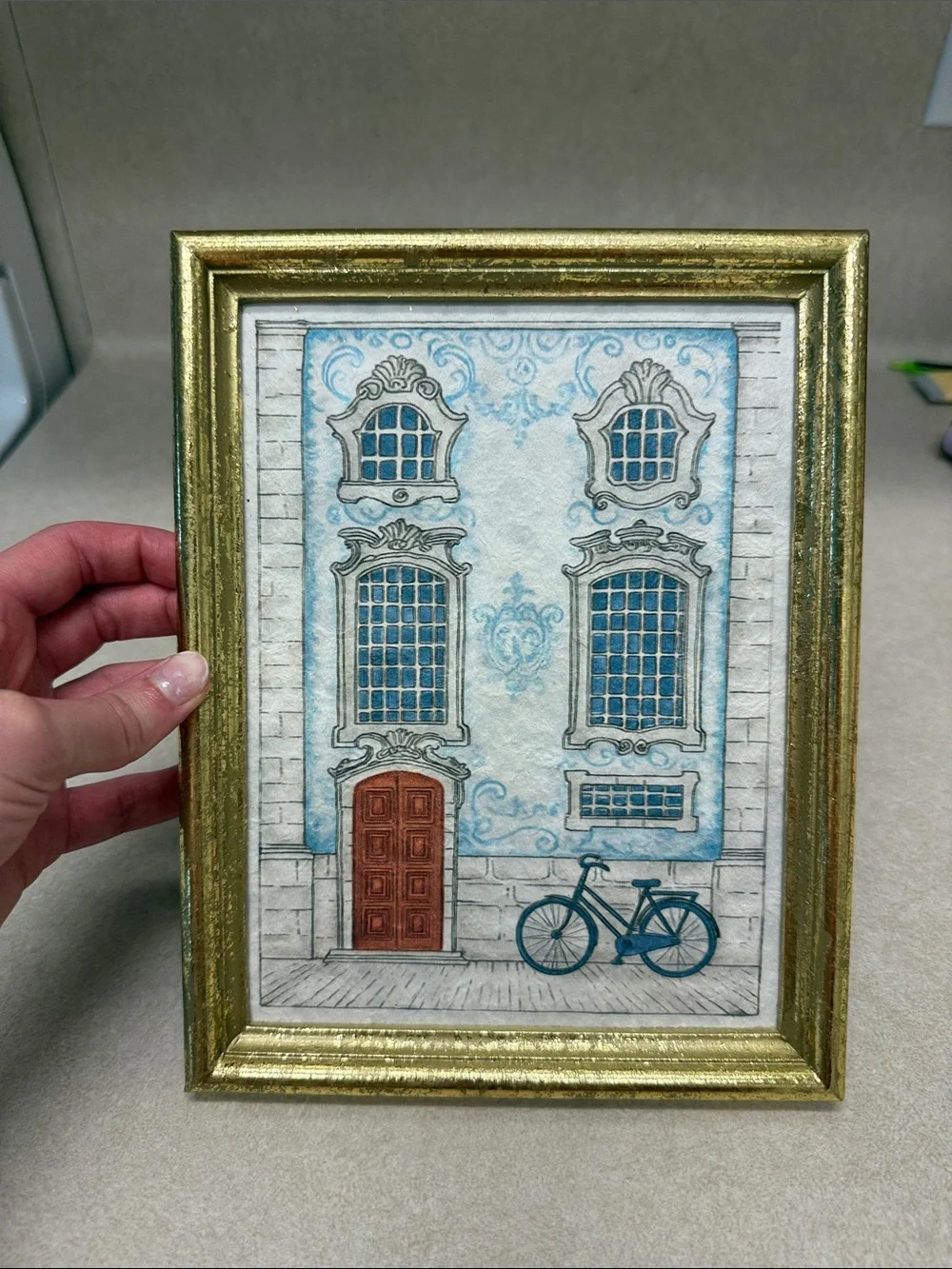 Framed Art Print - Blue & Gold European Facade with Bicycle